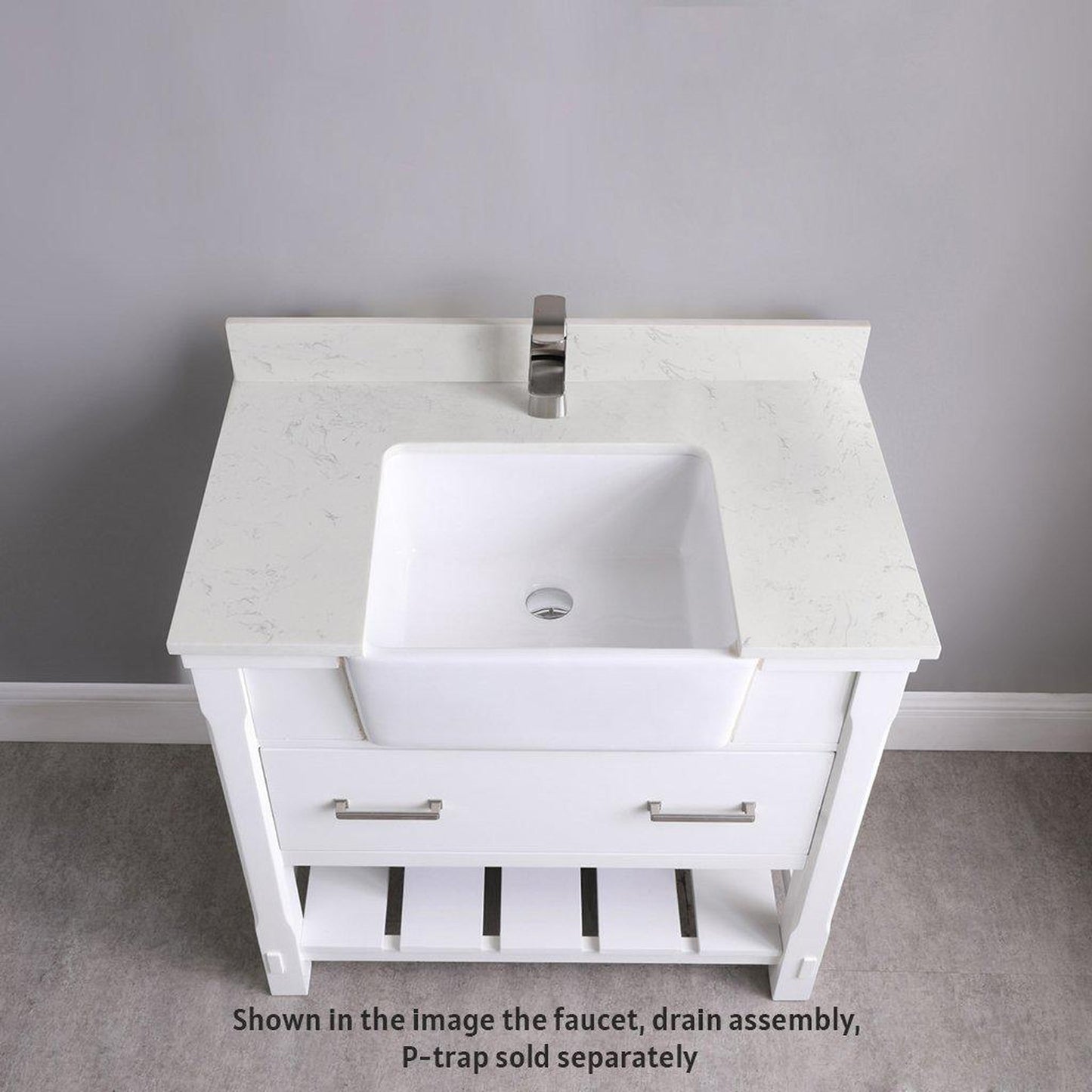 Altair Georgia 36" Single White Freestanding Bathroom Vanity Set With Aosta White Composite Stone Top, Rectangular Farmhouse Sink, Overflow, and Backsplash