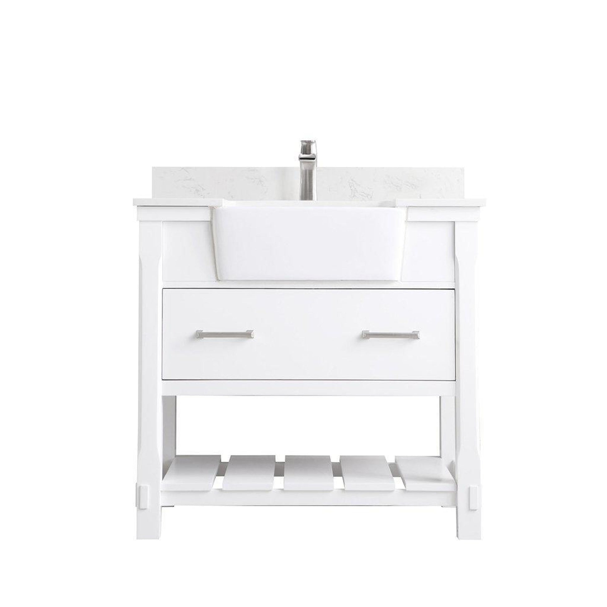 Altair Georgia 36" Single White Freestanding Bathroom Vanity Set With Aosta White Composite Stone Top, Rectangular Farmhouse Sink, Overflow, and Backsplash