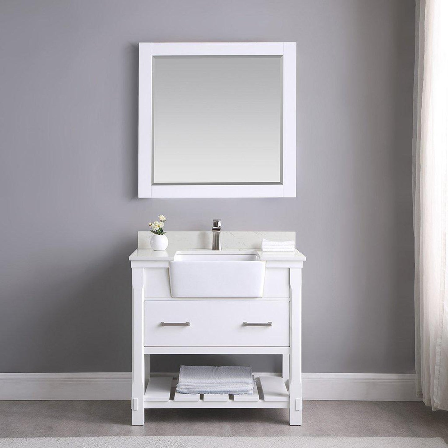 Altair Georgia 36" Single White Freestanding Bathroom Vanity Set With Mirror, Aosta White Composite Stone Top, Rectangular Farmhouse Sink, Overflow, and Backsplash