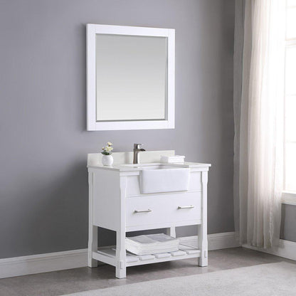 Altair Georgia 36" Single White Freestanding Bathroom Vanity Set With Mirror, Aosta White Composite Stone Top, Rectangular Farmhouse Sink, Overflow, and Backsplash