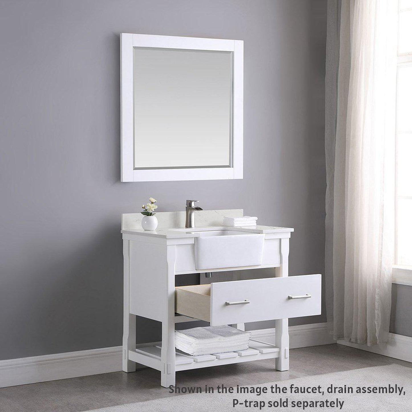 Altair Georgia 36" Single White Freestanding Bathroom Vanity Set With Mirror, Aosta White Composite Stone Top, Rectangular Farmhouse Sink, Overflow, and Backsplash