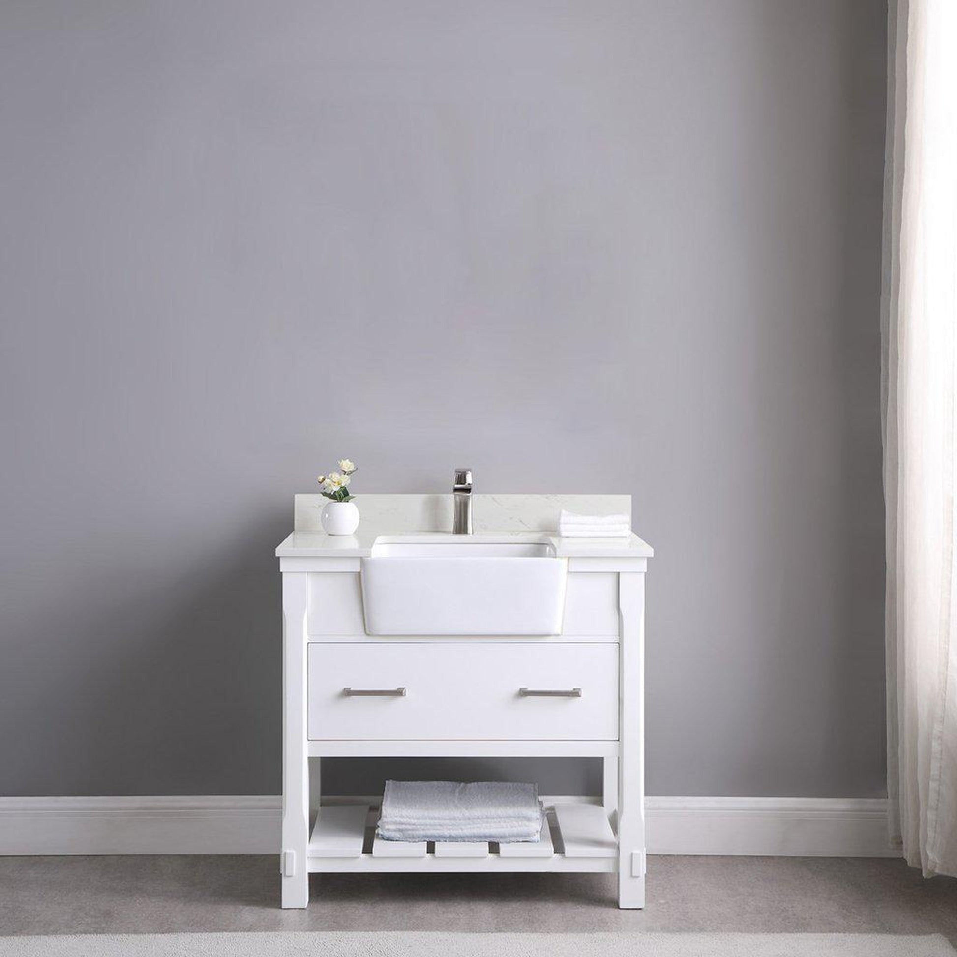 Altair Georgia 36" Single White Freestanding Bathroom Vanity Set With Mirror, Aosta White Composite Stone Top, Rectangular Farmhouse Sink, Overflow, and Backsplash
