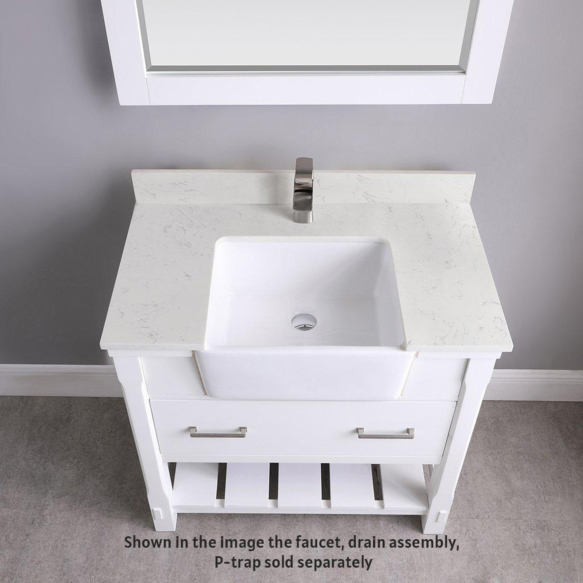 Altair Georgia 36" Single White Freestanding Bathroom Vanity Set With Mirror, Aosta White Composite Stone Top, Rectangular Farmhouse Sink, Overflow, and Backsplash