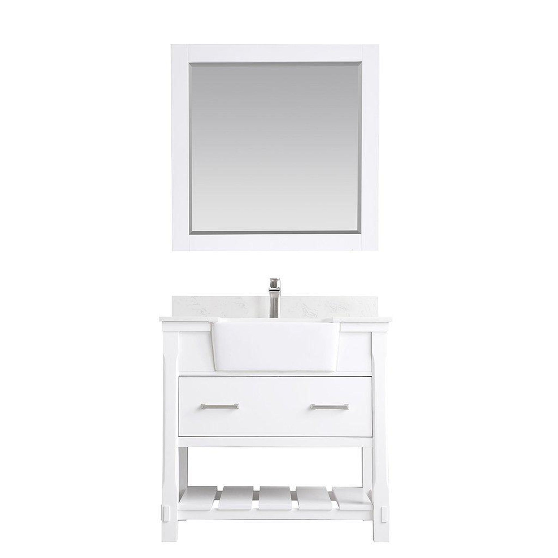 Altair Georgia 36" Single White Freestanding Bathroom Vanity Set With Mirror, Aosta White Composite Stone Top, Rectangular Farmhouse Sink, Overflow, and Backsplash