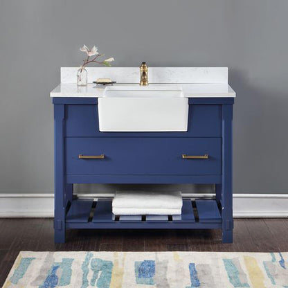 Altair Georgia 42" Single Jewelry Blue Freestanding Bathroom Vanity Set With Aosta White Composite Stone Top, Rectangular Farmhouse Sink, and Backsplash