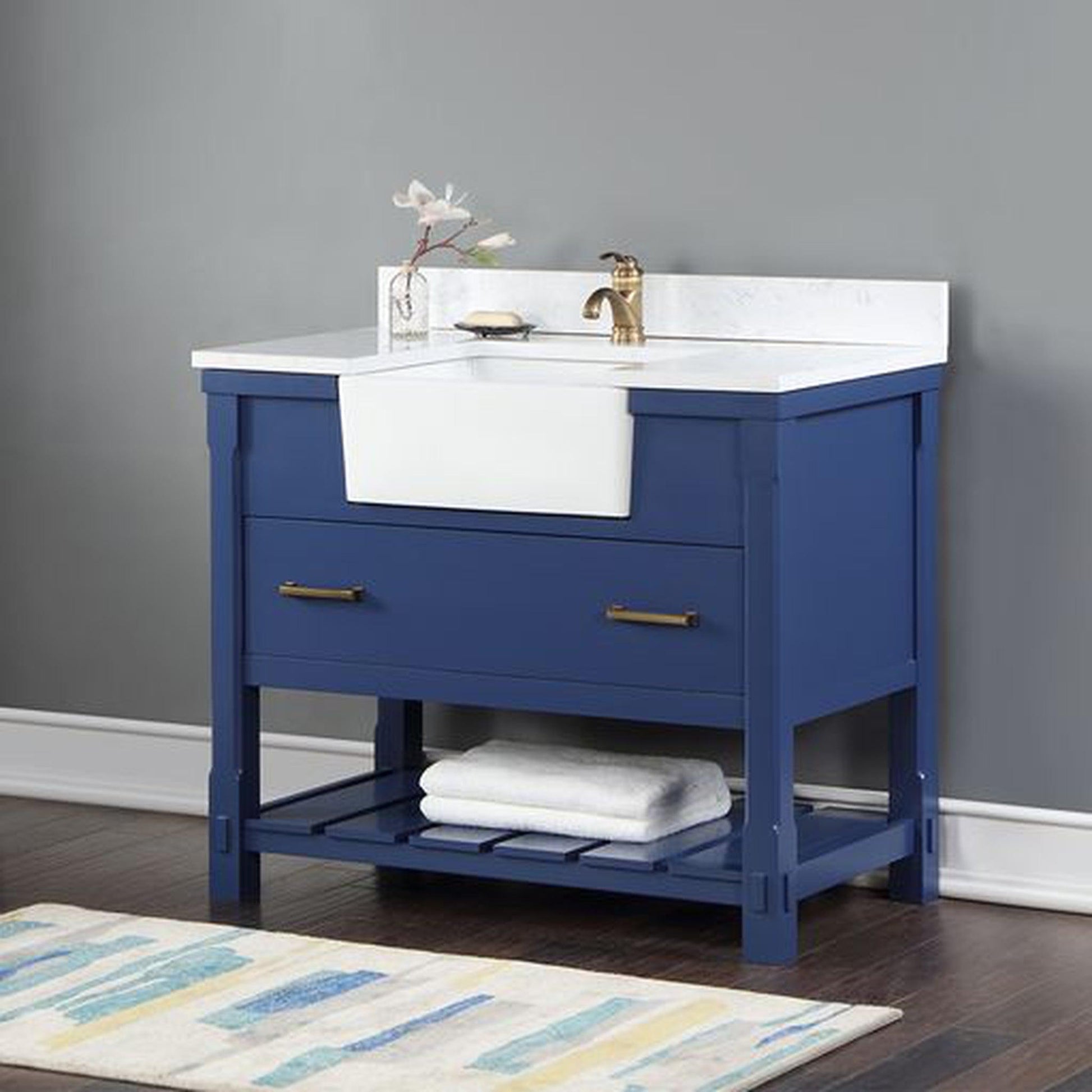 Altair Georgia 42" Single Jewelry Blue Freestanding Bathroom Vanity Set With Aosta White Composite Stone Top, Rectangular Farmhouse Sink, and Backsplash