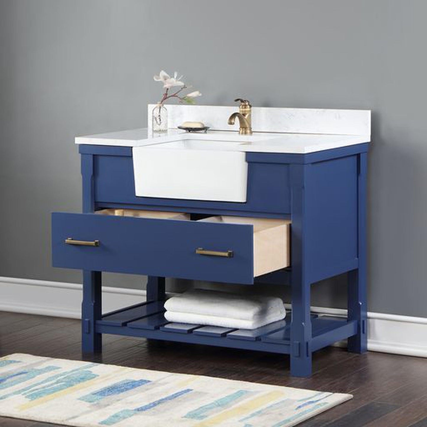 Altair Georgia 42" Single Jewelry Blue Freestanding Bathroom Vanity Set With Aosta White Composite Stone Top, Rectangular Farmhouse Sink, and Backsplash