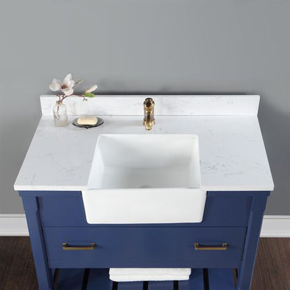 Altair Georgia 42" Single Jewelry Blue Freestanding Bathroom Vanity Set With Aosta White Composite Stone Top, Rectangular Farmhouse Sink, and Backsplash