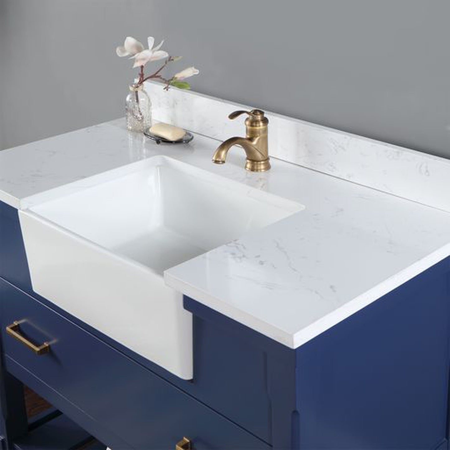 Altair Georgia 42" Single Jewelry Blue Freestanding Bathroom Vanity Set With Aosta White Composite Stone Top, Rectangular Farmhouse Sink, and Backsplash