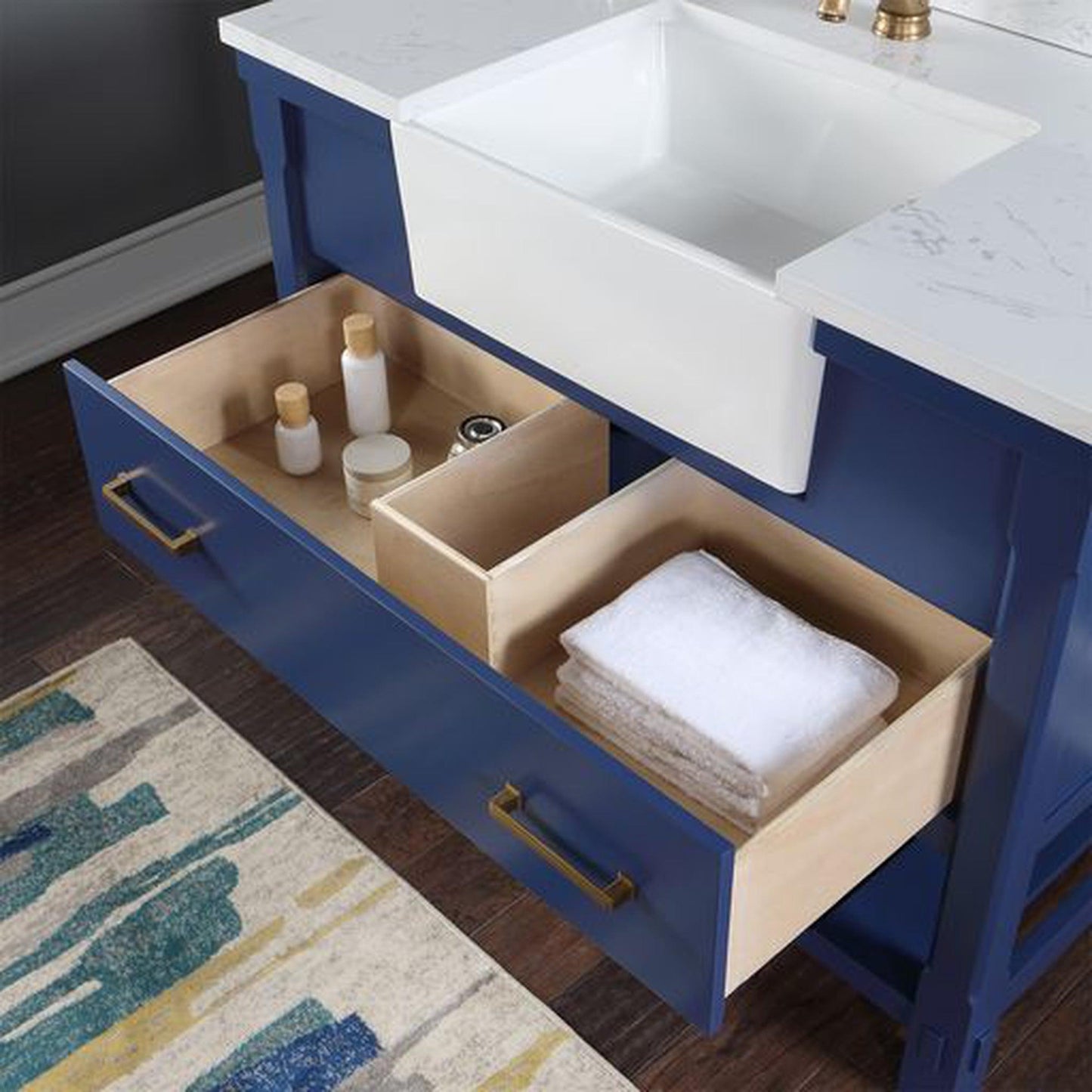 Altair Georgia 42" Single Jewelry Blue Freestanding Bathroom Vanity Set With Aosta White Composite Stone Top, Rectangular Farmhouse Sink, and Backsplash