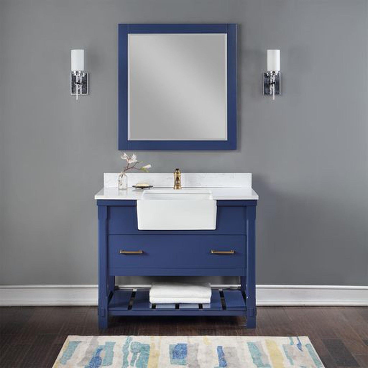 Altair Georgia 42" Single Jewelry Blue Freestanding Bathroom Vanity Set With Mirror, Aosta White Composite Stone Top, Rectangular Farmhouse Sink, and Backsplash