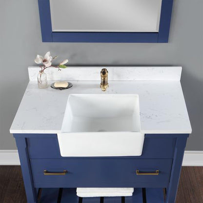 Altair Georgia 42" Single Jewelry Blue Freestanding Bathroom Vanity Set With Mirror, Aosta White Composite Stone Top, Rectangular Farmhouse Sink, and Backsplash