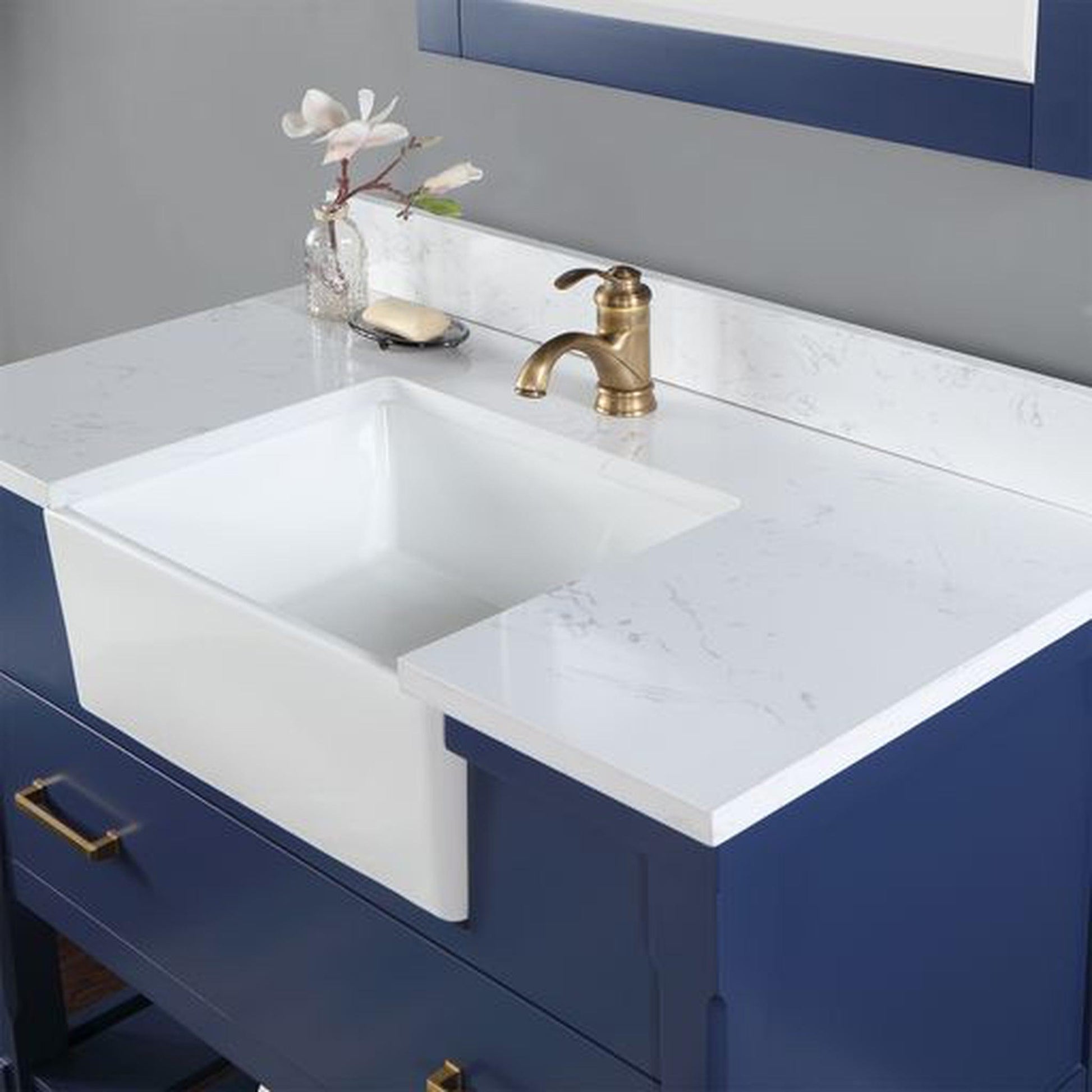 Altair Georgia 42" Single Jewelry Blue Freestanding Bathroom Vanity Set With Mirror, Aosta White Composite Stone Top, Rectangular Farmhouse Sink, and Backsplash
