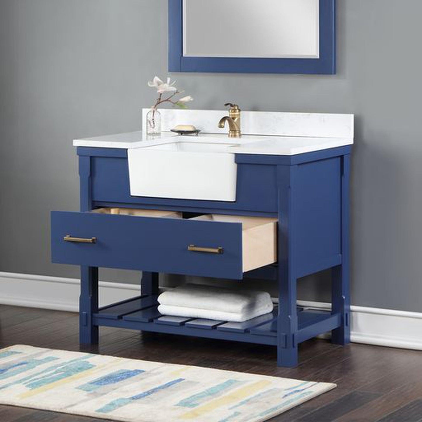 Altair Georgia 42" Single Jewelry Blue Freestanding Bathroom Vanity Set With Mirror, Aosta White Composite Stone Top, Rectangular Farmhouse Sink, and Backsplash