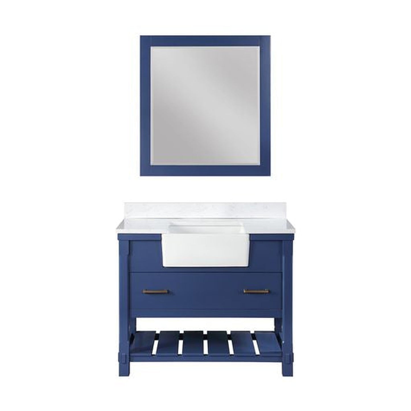 Altair Georgia 42" Single Jewelry Blue Freestanding Bathroom Vanity Set With Mirror, Aosta White Composite Stone Top, Rectangular Farmhouse Sink, and Backsplash