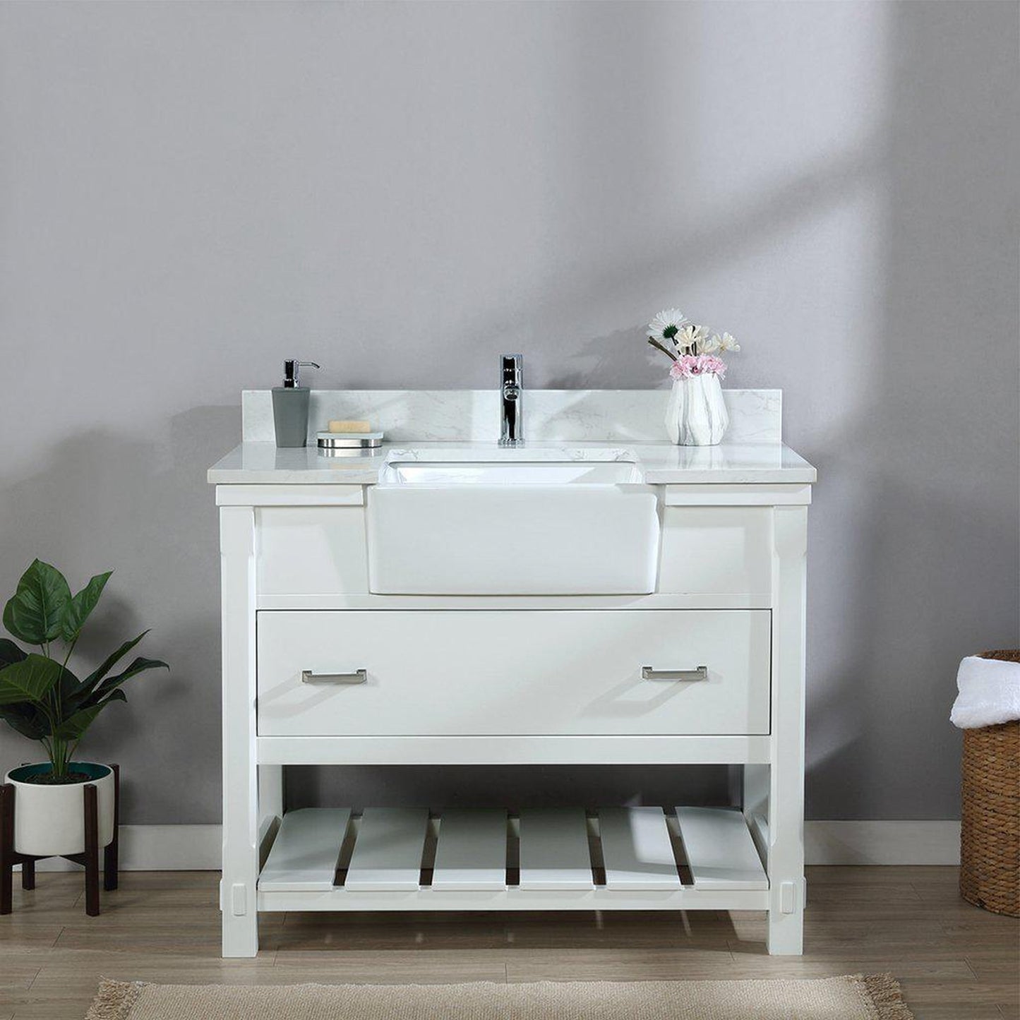 Altair Georgia 42" Single White Freestanding Bathroom Vanity Set With Aosta White Composite Stone Top Rectangular Farmhouse Basin, and Backsplash