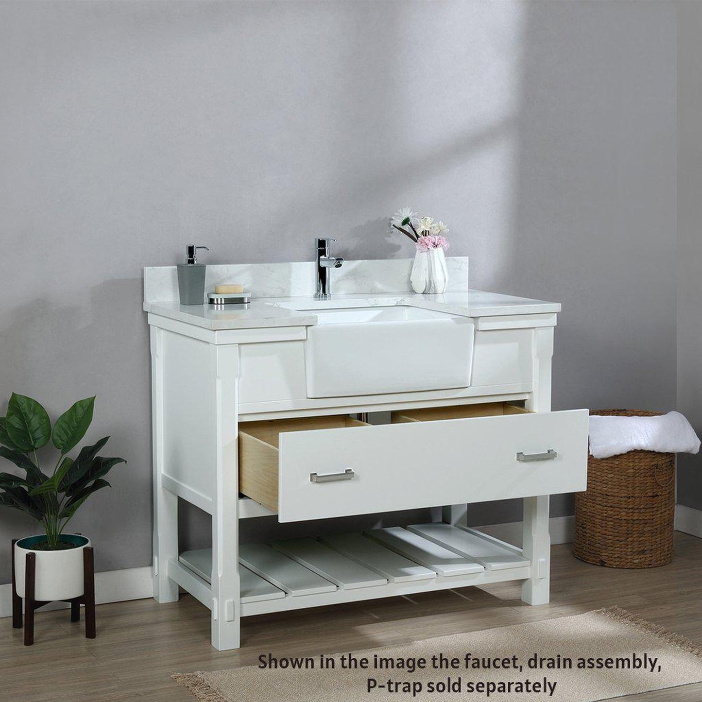 Altair Georgia 42" Single White Freestanding Bathroom Vanity Set With Aosta White Composite Stone Top Rectangular Farmhouse Basin, and Backsplash