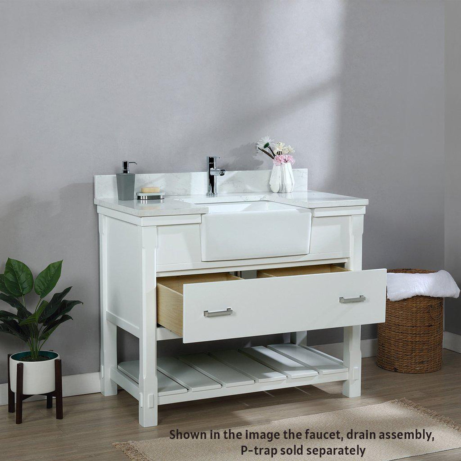 Altair Georgia 42" Single White Freestanding Bathroom Vanity Set With Aosta White Composite Stone Top Rectangular Farmhouse Basin, and Backsplash