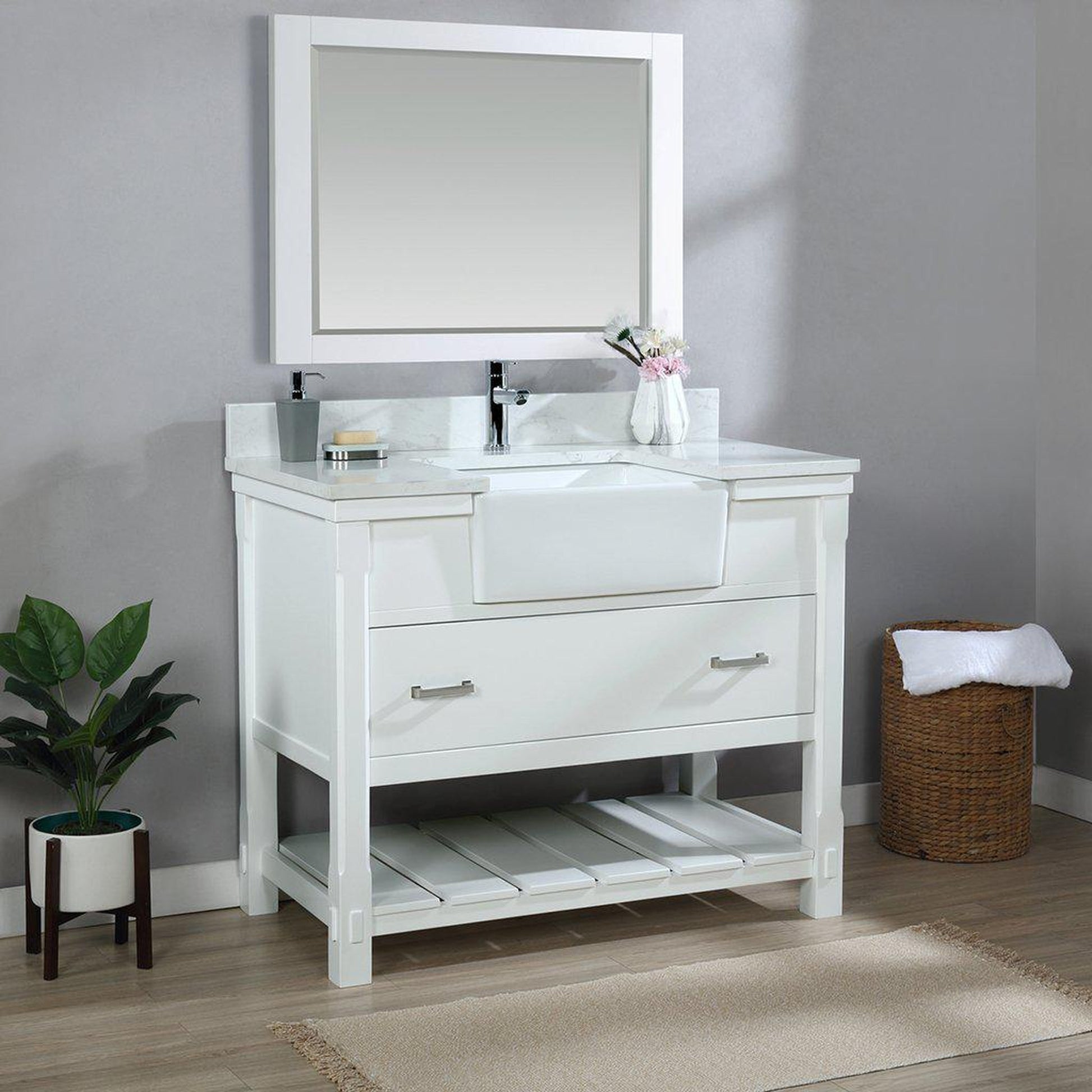 Altair Georgia 42" Single White Freestanding Bathroom Vanity Set With Mirror, Aosta White Composite Stone Top Rectangular Farmhouse Basin, and Backsplash