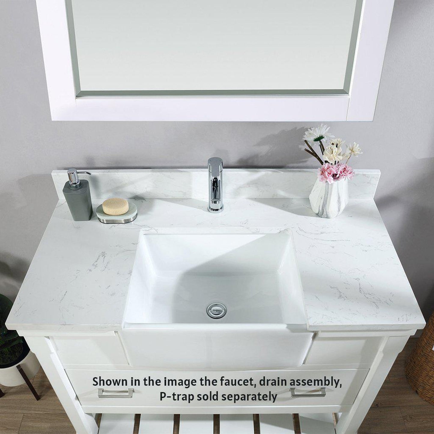 Altair Georgia 42" Single White Freestanding Bathroom Vanity Set With Mirror, Aosta White Composite Stone Top Rectangular Farmhouse Basin, and Backsplash