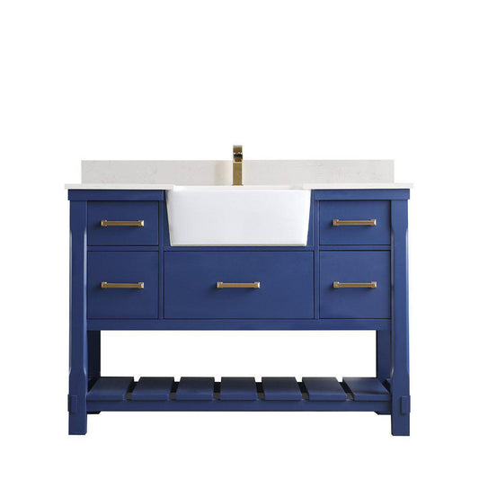 Altair Georgia 48" Single Jewelry Blue Freestanding Bathroom Vanity Set With Aosta White Composite Stone Top, Rectangular Farmhouse Sink, Overflow, and Backsplash