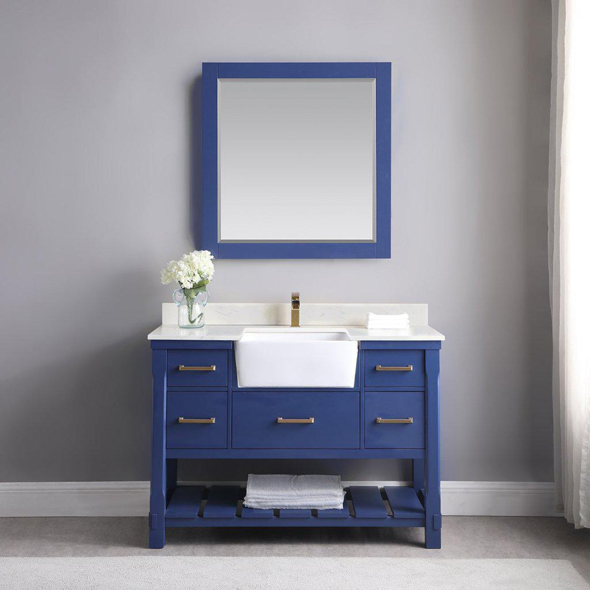 Altair Georgia 48" Single Jewelry Blue Freestanding Bathroom Vanity Set With Mirror, Aosta White Composite Stone Top, Rectangular Farmhouse Sink, Overflow, and Backsplash