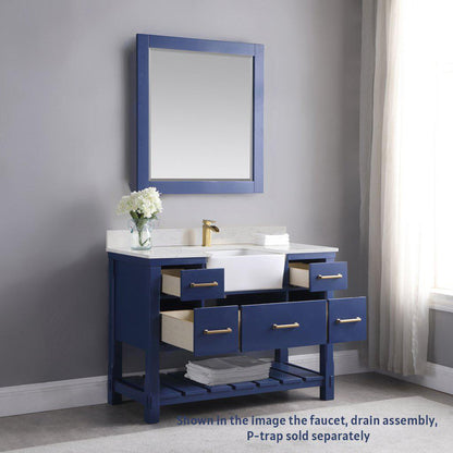 Altair Georgia 48" Single Jewelry Blue Freestanding Bathroom Vanity Set With Mirror, Aosta White Composite Stone Top, Rectangular Farmhouse Sink, Overflow, and Backsplash