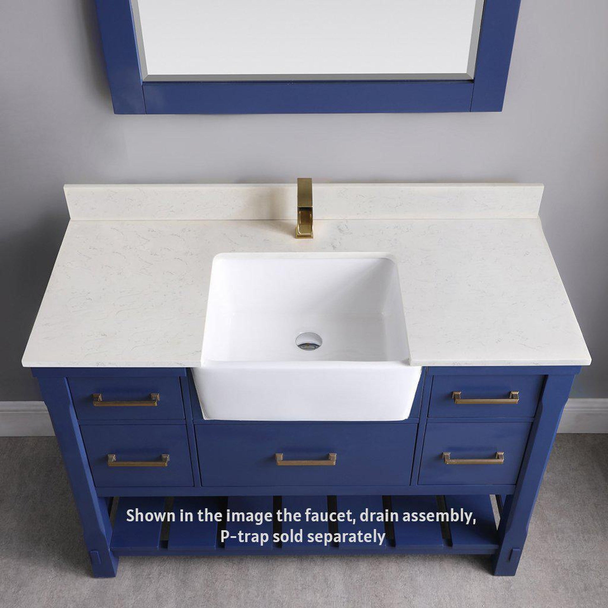Altair Georgia 48" Single Jewelry Blue Freestanding Bathroom Vanity Set With Mirror, Aosta White Composite Stone Top, Rectangular Farmhouse Sink, Overflow, and Backsplash