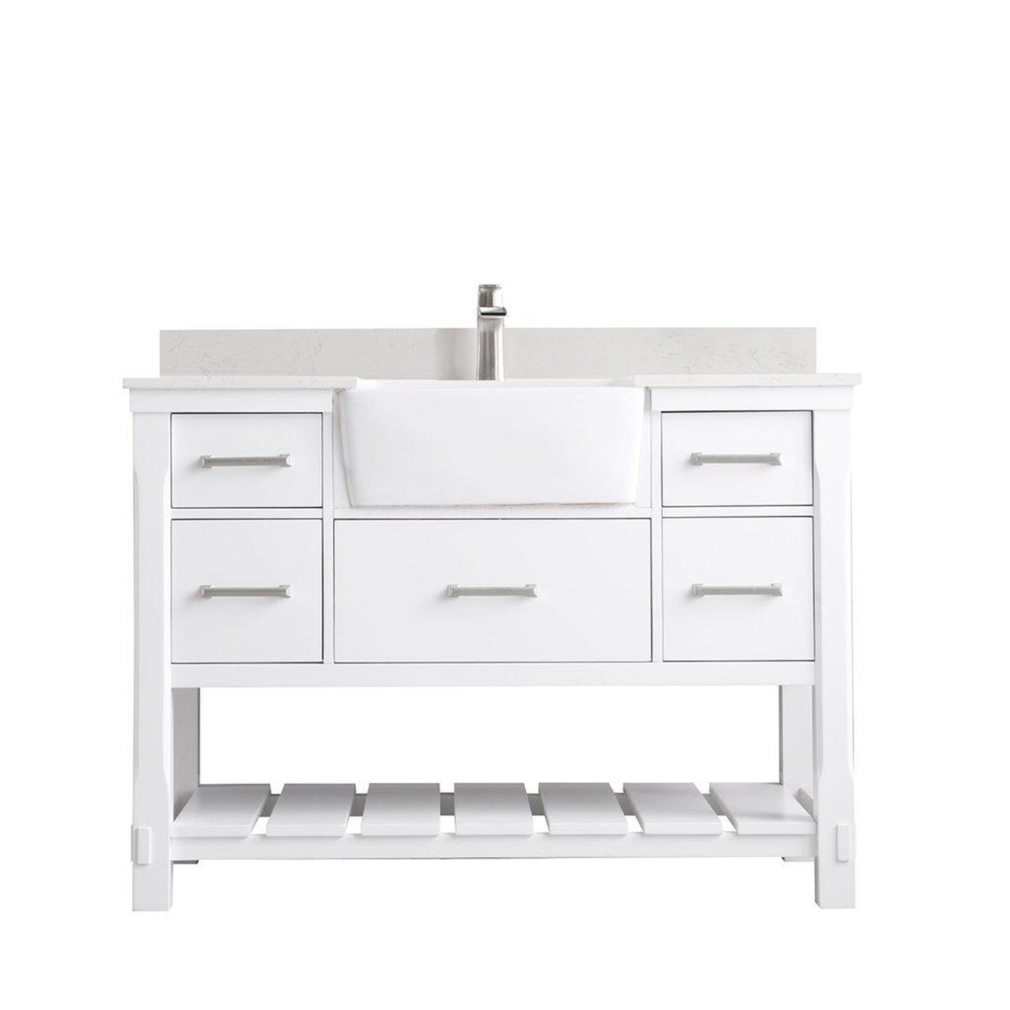 Altair Georgia 48" Single White Freestanding Bathroom Vanity Set With Aosta White Composite Stone Top, Rectangular Farmhouse Sink, Overflow, and Backsplash