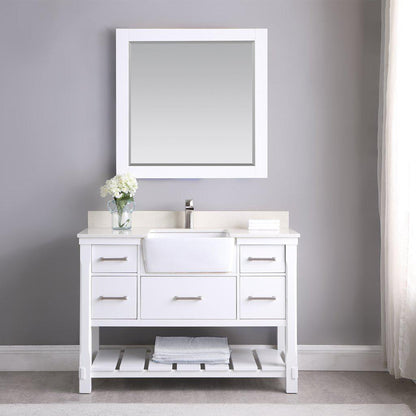 Altair Georgia 48" Single White Freestanding Bathroom Vanity Set With Mirror, Aosta White Composite Stone Top, Rectangular Farmhouse Sink, Overflow, and Backsplash