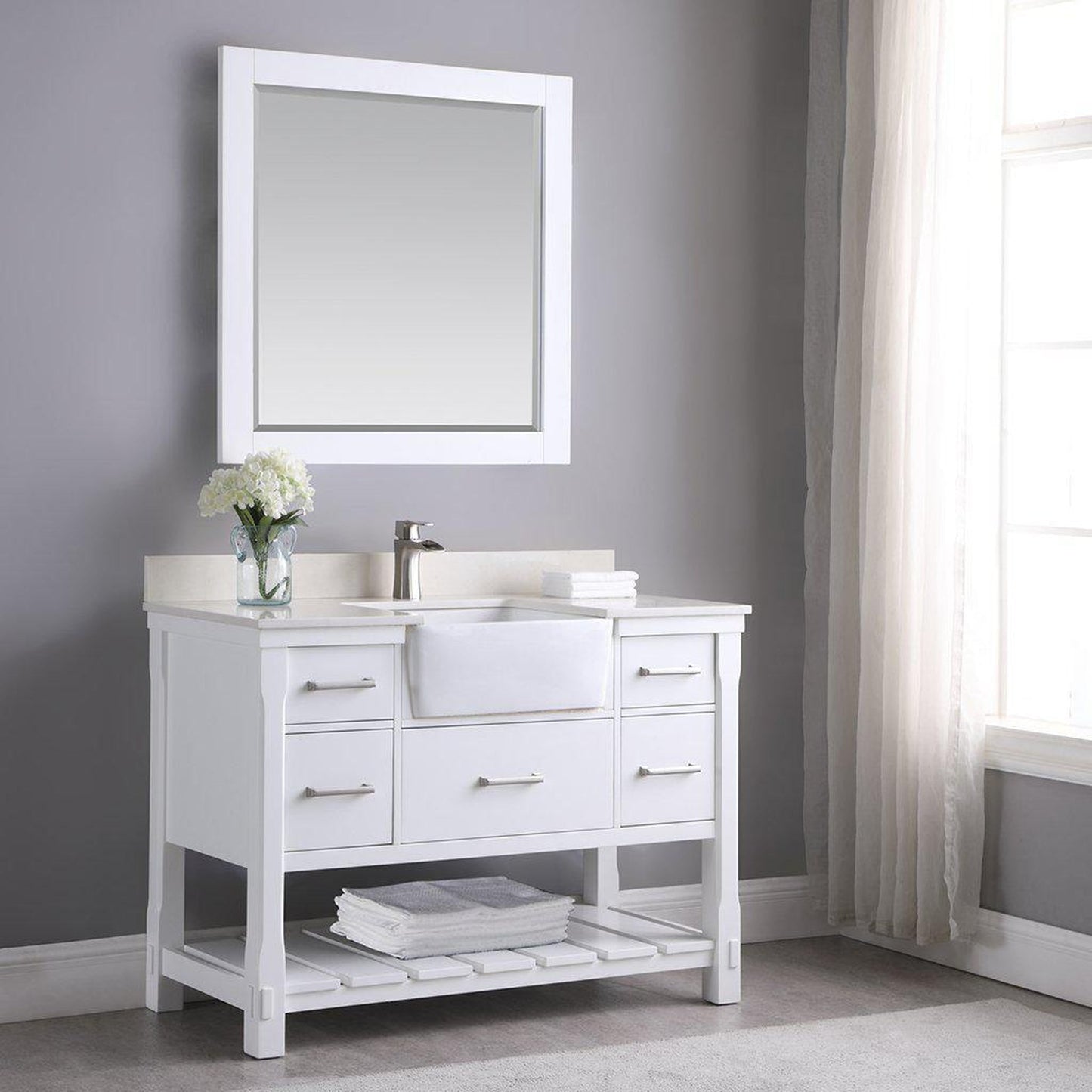 Altair Georgia 48" Single White Freestanding Bathroom Vanity Set With Mirror, Aosta White Composite Stone Top, Rectangular Farmhouse Sink, Overflow, and Backsplash