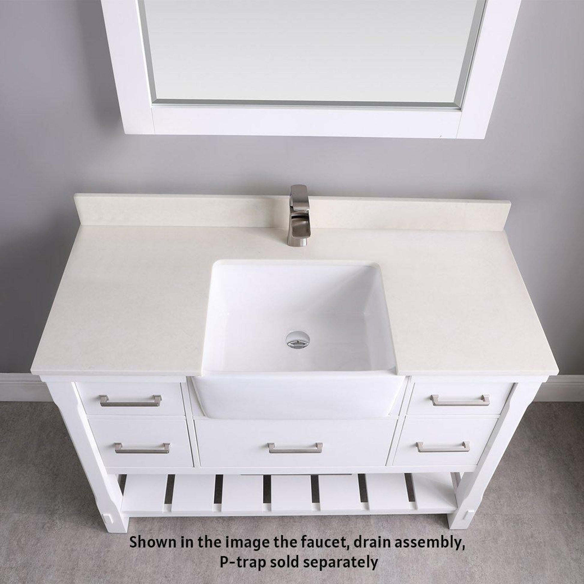 Altair Georgia 48" Single White Freestanding Bathroom Vanity Set With Mirror, Aosta White Composite Stone Top, Rectangular Farmhouse Sink, Overflow, and Backsplash