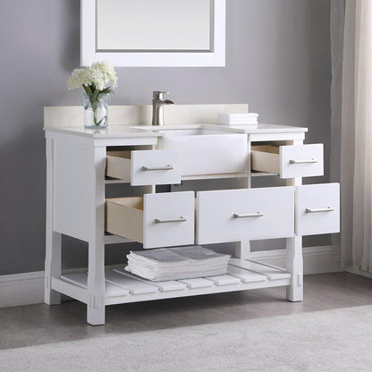 Altair Georgia 48" Single White Freestanding Bathroom Vanity Set With Mirror, Aosta White Composite Stone Top, Rectangular Farmhouse Sink, Overflow, and Backsplash