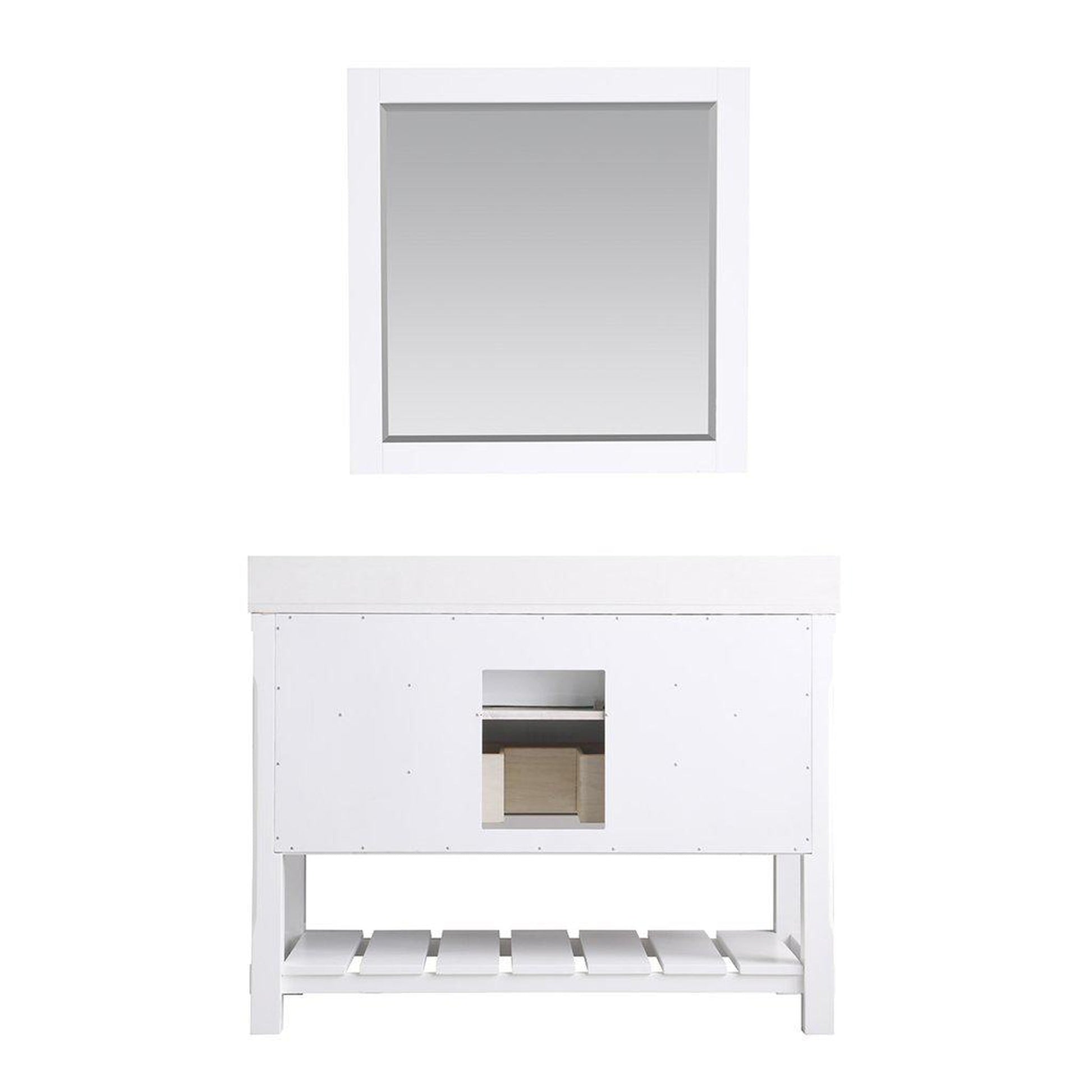 Altair Georgia 48" Single White Freestanding Bathroom Vanity Set With Mirror, Aosta White Composite Stone Top, Rectangular Farmhouse Sink, Overflow, and Backsplash