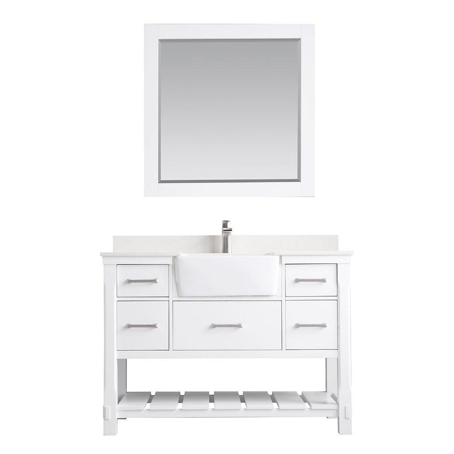 Altair Georgia 48" Single White Freestanding Bathroom Vanity Set With Mirror, Aosta White Composite Stone Top, Rectangular Farmhouse Sink, Overflow, and Backsplash