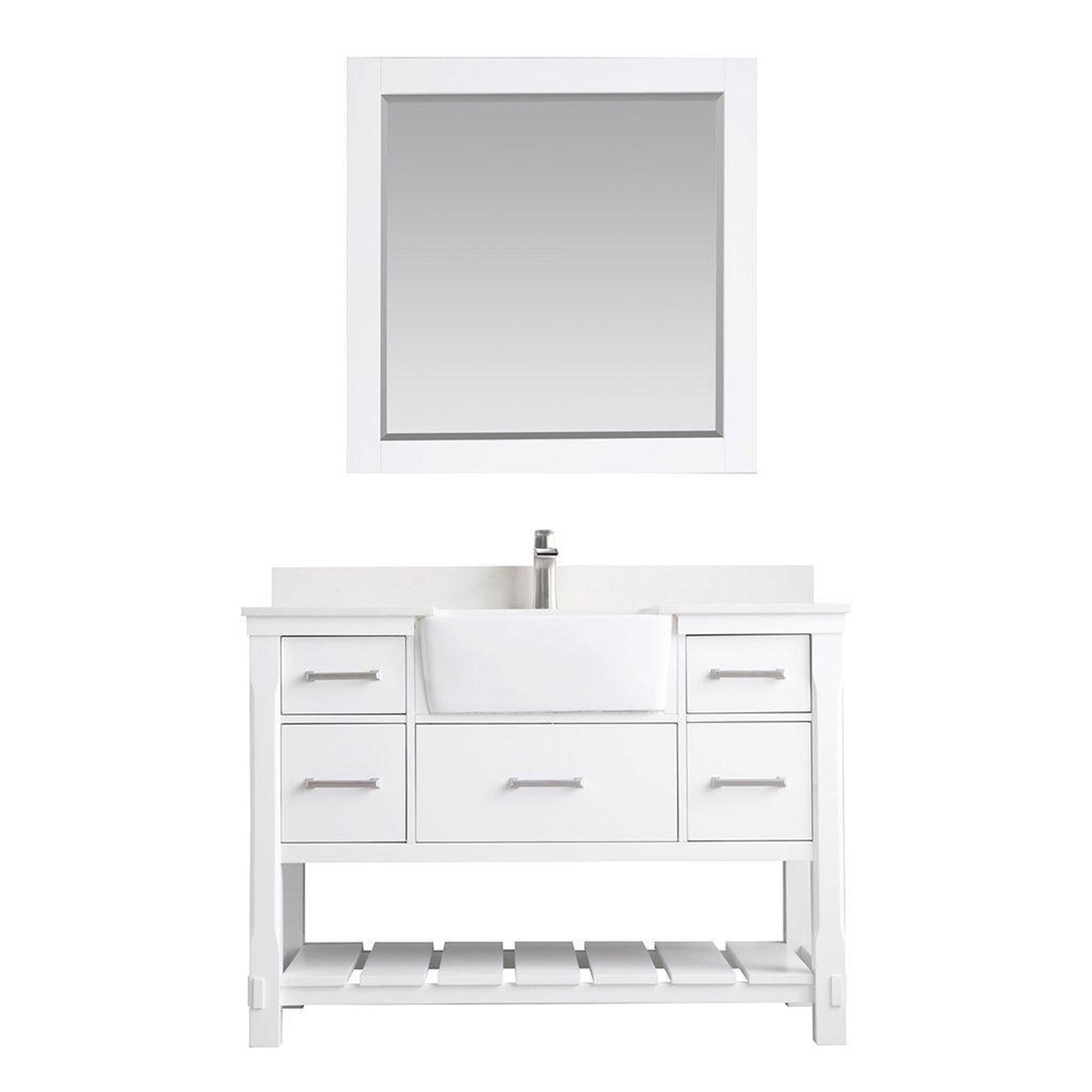 Altair Georgia 48" Single White Freestanding Bathroom Vanity Set With Mirror, Aosta White Composite Stone Top, Rectangular Farmhouse Sink, Overflow, and Backsplash