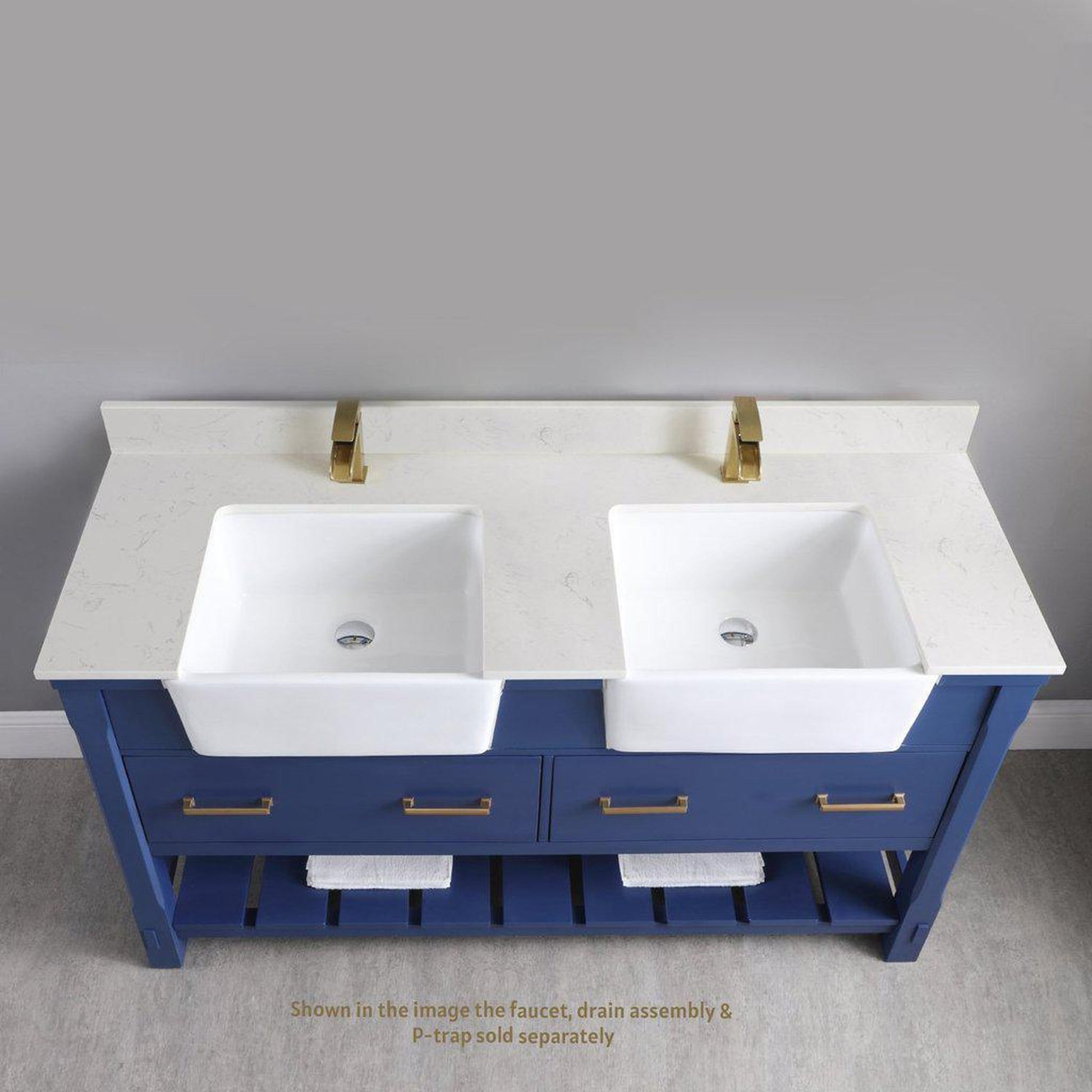 Altair Georgia 60" Double Jewelry Blue Freestanding Bathroom Vanity Set With Aosta White Composite Stone Top, Two Rectangular Farmhouse Sinks, Overflow, and Backsplash