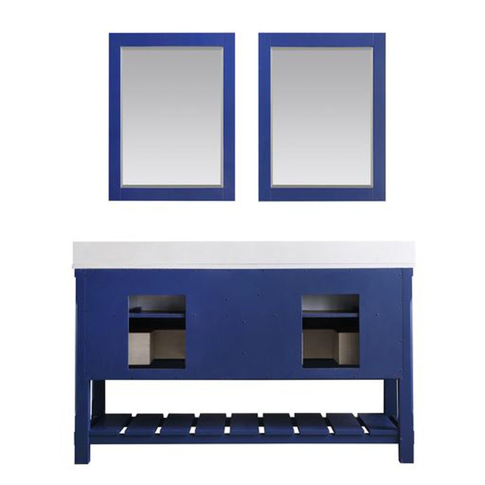 Altair Georgia 60" Double Jewelry Blue Freestanding Bathroom Vanity Set With Mirror, Aosta White Composite Stone Top, Two Rectangular Farmhouse Sinks, Overflow, and Backsplash