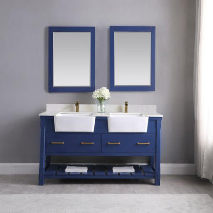 Altair Georgia 60" Double Jewelry Blue Freestanding Bathroom Vanity Set With Mirror, Aosta White Composite Stone Top, Two Rectangular Farmhouse Sinks, Overflow, and Backsplash