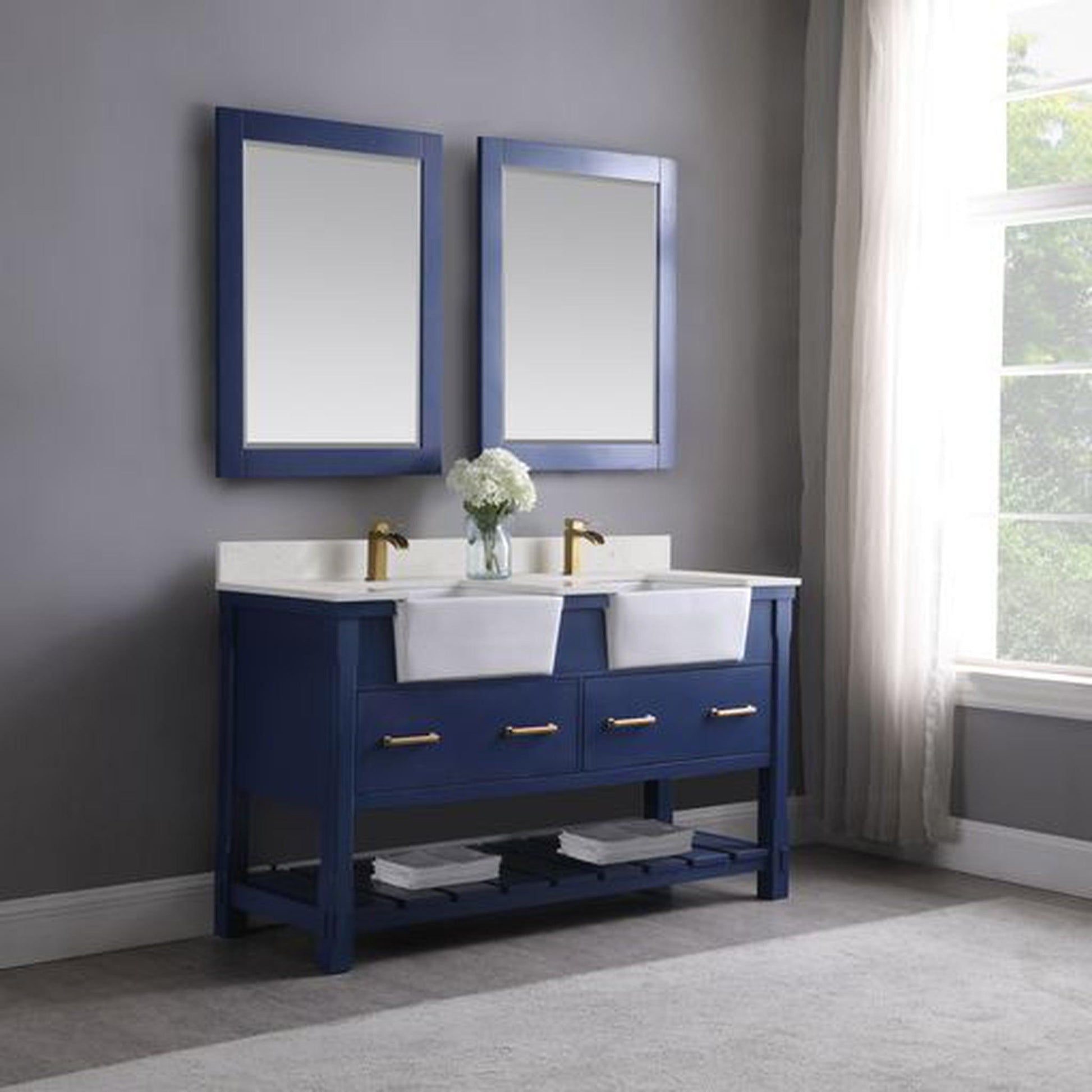 Altair Georgia 60" Double Jewelry Blue Freestanding Bathroom Vanity Set With Mirror, Aosta White Composite Stone Top, Two Rectangular Farmhouse Sinks, Overflow, and Backsplash