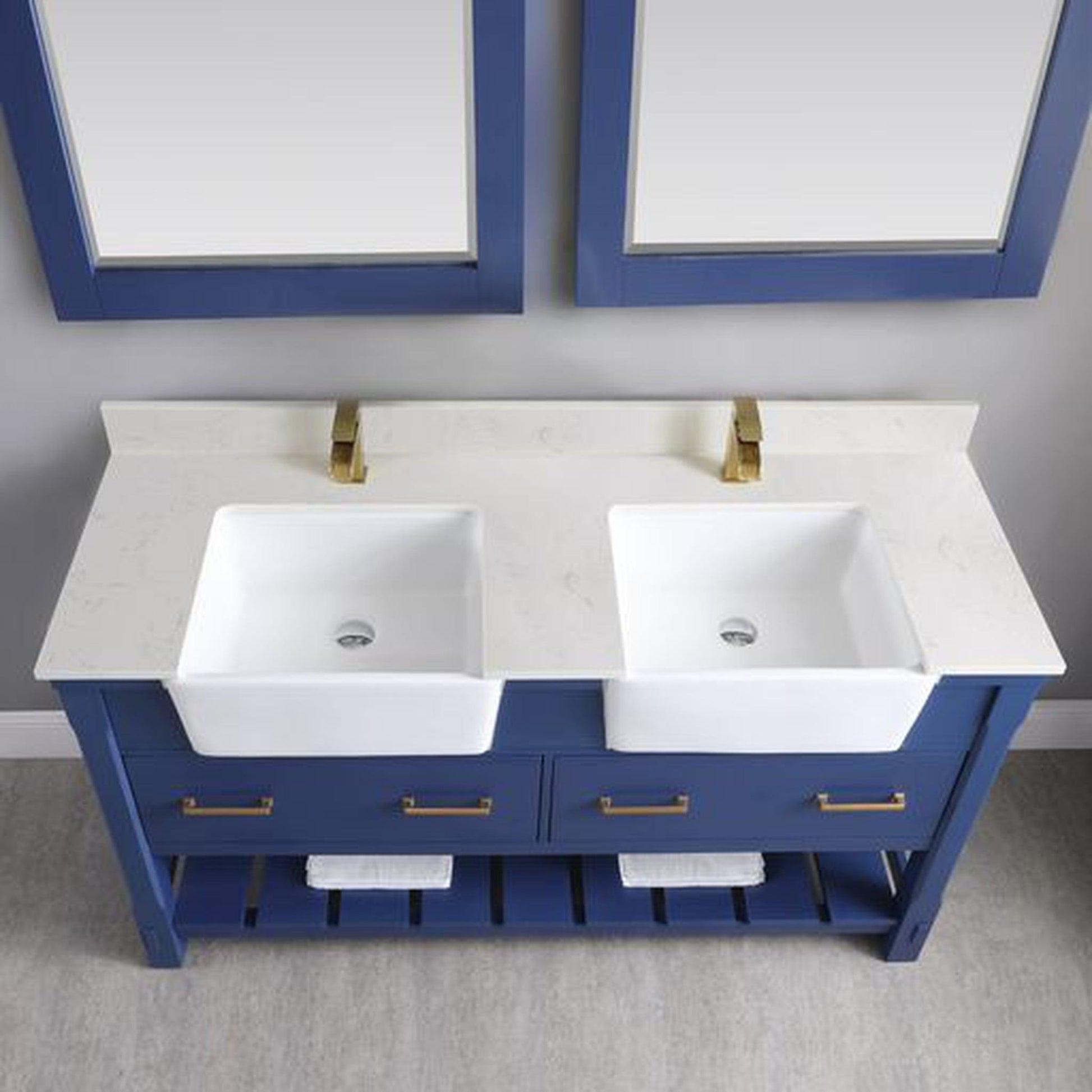 Altair Georgia 60" Double Jewelry Blue Freestanding Bathroom Vanity Set With Mirror, Aosta White Composite Stone Top, Two Rectangular Farmhouse Sinks, Overflow, and Backsplash