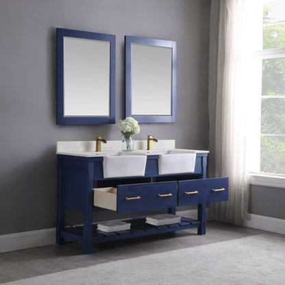 Altair Georgia 60" Double Jewelry Blue Freestanding Bathroom Vanity Set With Mirror, Aosta White Composite Stone Top, Two Rectangular Farmhouse Sinks, Overflow, and Backsplash