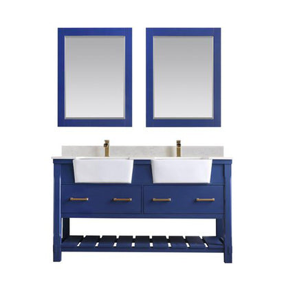 Altair Georgia 60" Double Jewelry Blue Freestanding Bathroom Vanity Set With Mirror, Aosta White Composite Stone Top, Two Rectangular Farmhouse Sinks, Overflow, and Backsplash