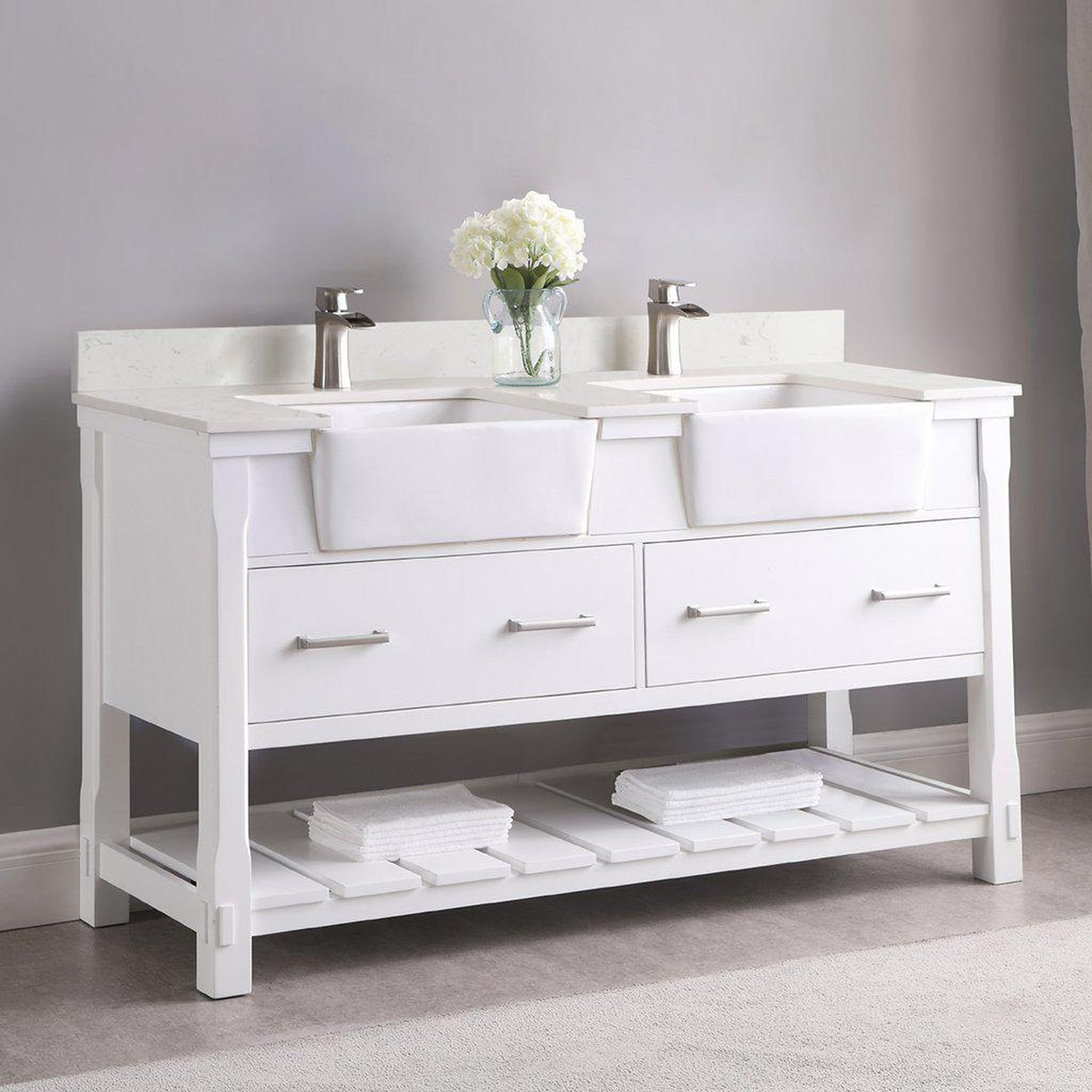 Altair Georgia 60" Double White Freestanding Bathroom Vanity Set With Aosta White Composite Stone Top, Two Rectangular Farmhouse Sinks, Overflow, and Backsplash