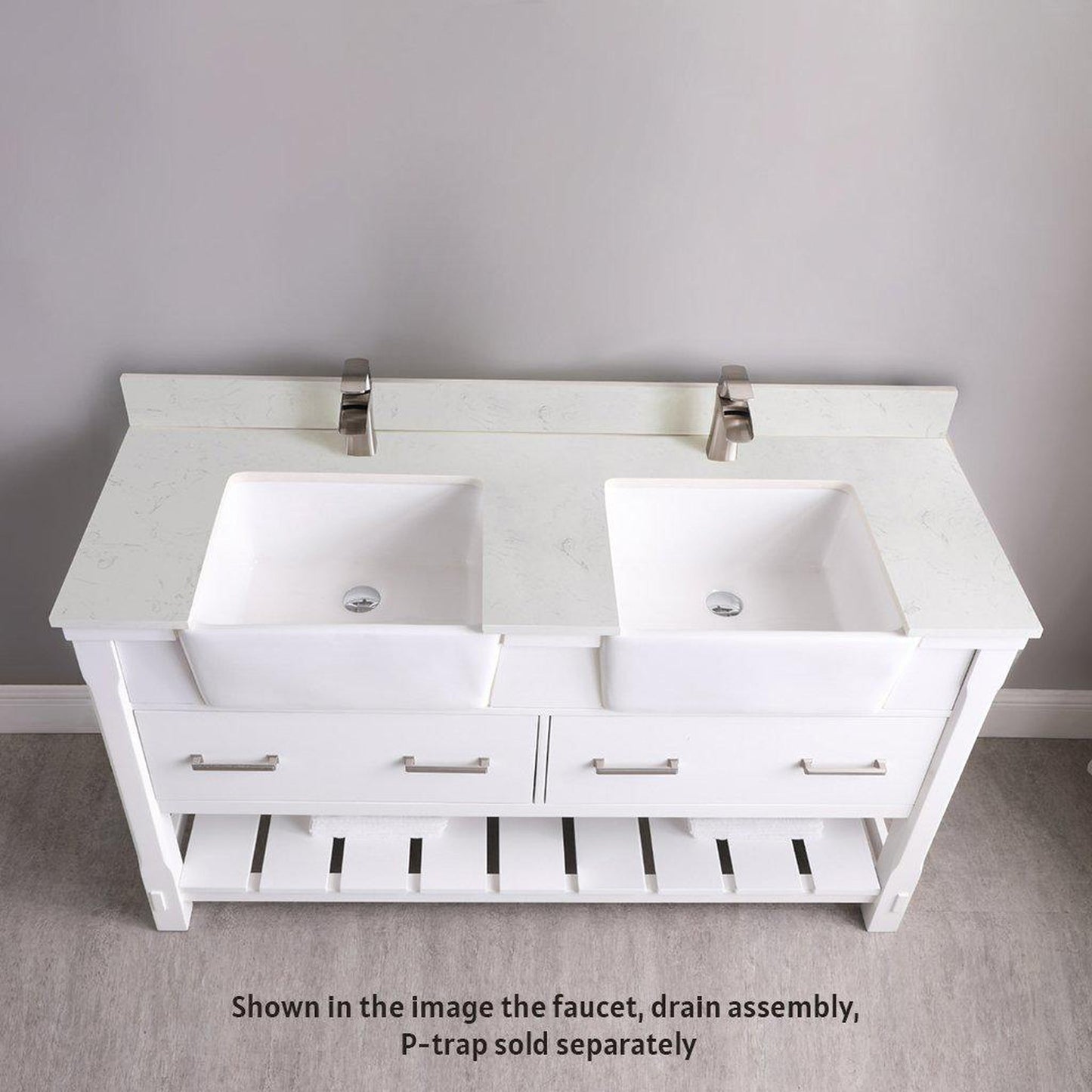 Altair Georgia 60" Double White Freestanding Bathroom Vanity Set With Aosta White Composite Stone Top, Two Rectangular Farmhouse Sinks, Overflow, and Backsplash