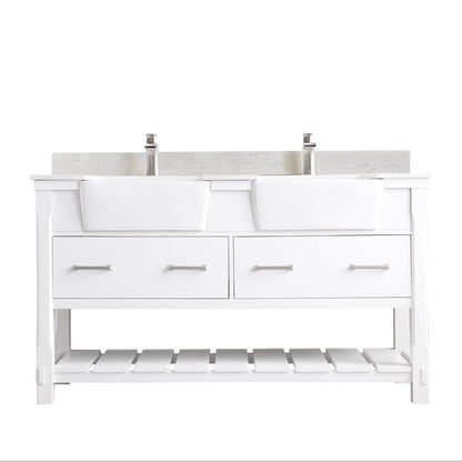 Altair Georgia 60" Double White Freestanding Bathroom Vanity Set With Aosta White Composite Stone Top, Two Rectangular Farmhouse Sinks, Overflow, and Backsplash