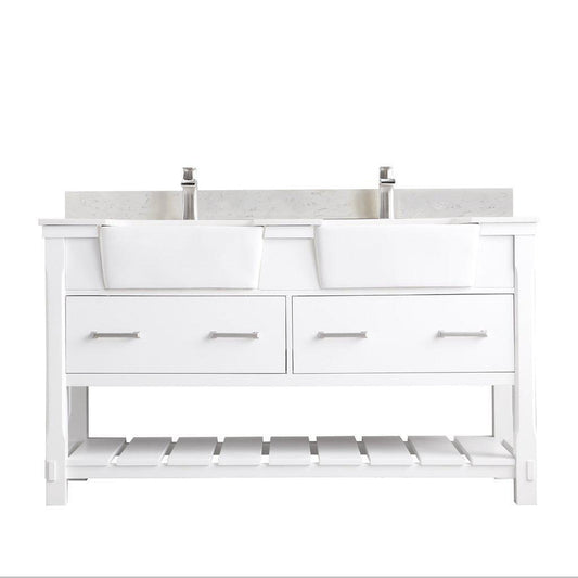 Altair Georgia 60" Double White Freestanding Bathroom Vanity Set With Aosta White Composite Stone Top, Two Rectangular Farmhouse Sinks, Overflow, and Backsplash