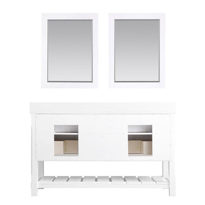 Altair Georgia 60" Double White Freestanding Bathroom Vanity Set With Mirror, Aosta White Composite Stone Top, Two Rectangular Farmhouse Sinks, Overflow, and Backsplash