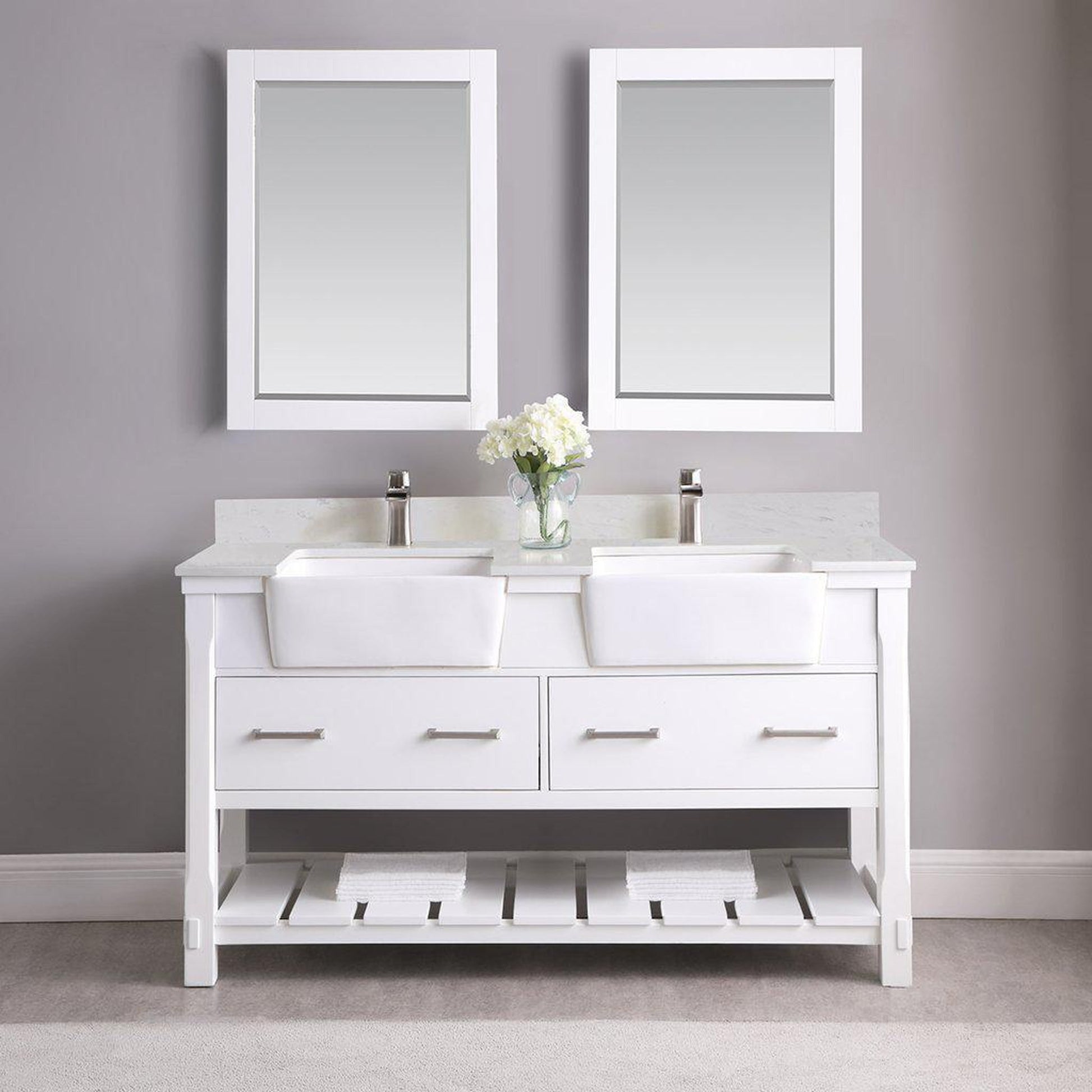 Altair Georgia 60" Double White Freestanding Bathroom Vanity Set With Mirror, Aosta White Composite Stone Top, Two Rectangular Farmhouse Sinks, Overflow, and Backsplash