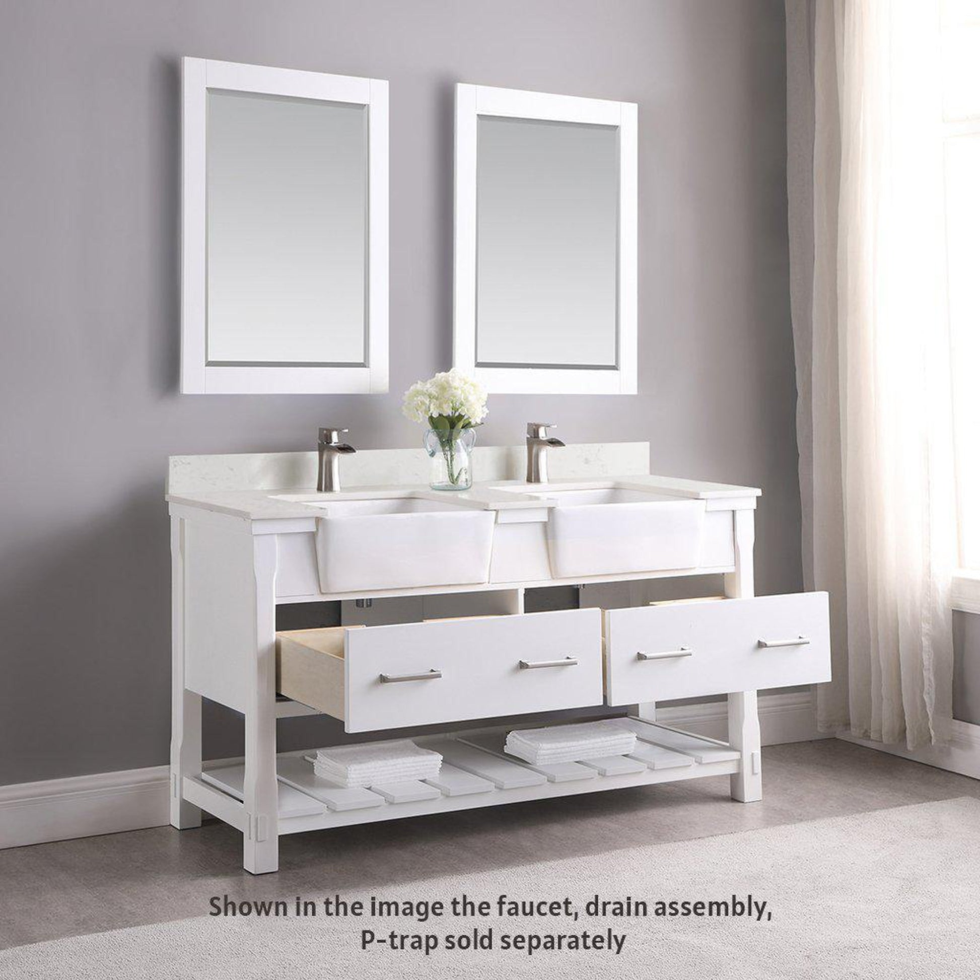 Altair Georgia 60" Double White Freestanding Bathroom Vanity Set With Mirror, Aosta White Composite Stone Top, Two Rectangular Farmhouse Sinks, Overflow, and Backsplash